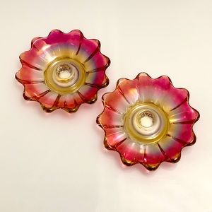 2 Midcentury American candleholders plates , cranberry pink Amberina glass.